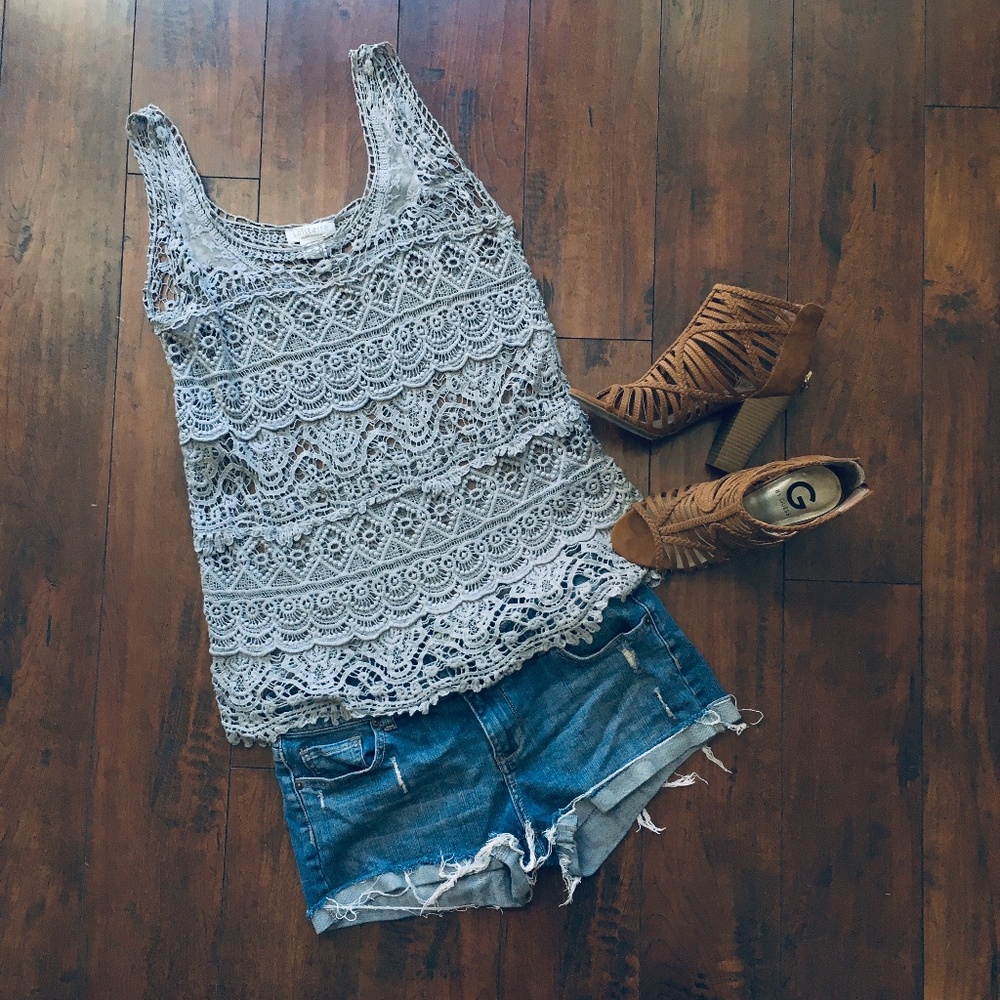 Beautiful Boho Romantic Soft Gray Lace Tank Top